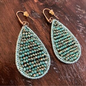 Teal Beaded Earrings Teardrop Shape